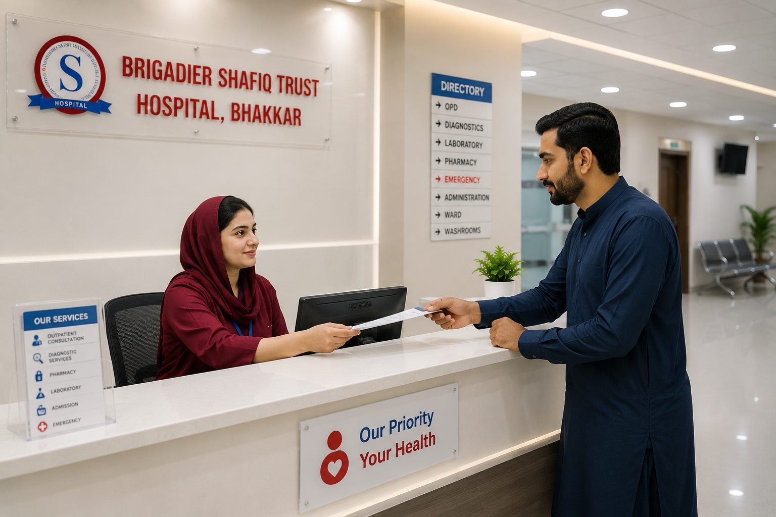 Photo of the hospital reception and services desk